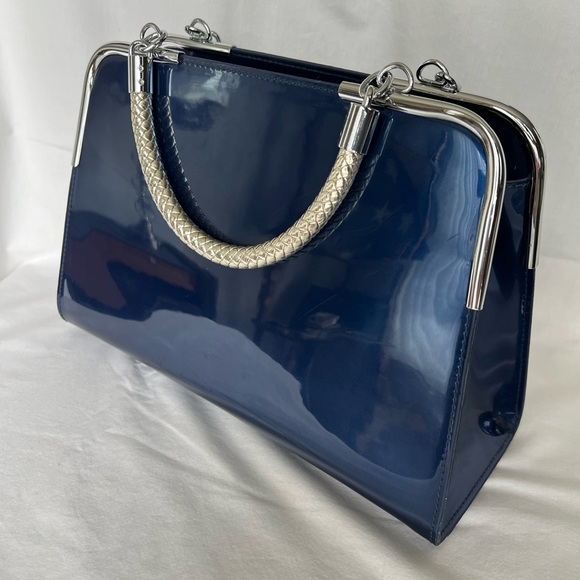 MG COLLECTION “MATANA” High Gloss Blue Faux Patent Leather Evening Satchel - Picture 2 of 11